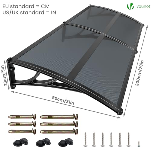 Miniatura 5 de VOUNOT® Marquesinas Exterior para Puertas y Ventanas, 200 x 80 cm Tejadillo de Protección con Barra Central, Toldo Cubierta de Policarbonato en Jardín, Antracita