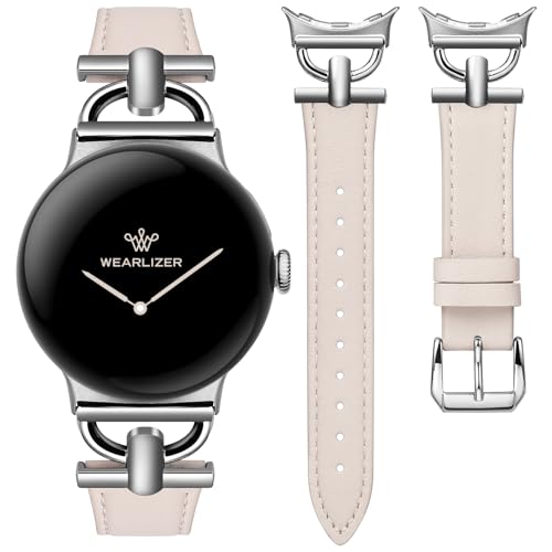 Image of Wearlizer Leather Bands Compatible with Google Pixel Watch 4 /3 41mm /Pixel Watch 2 /1 Band Women, Dressy Designer Slim Leather Strap with D-Shape Metal Buckle for Pixel Smartwatch Accessories