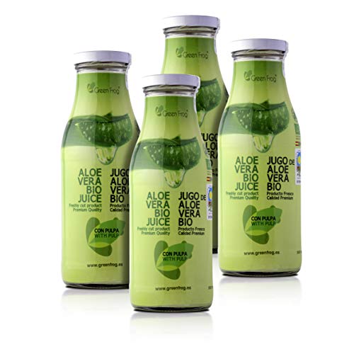 Green Frog Jugo de Aloe Vera Bio con Pulpa - Pack de 4 Botellas - Producto Fresco - Aloe Vera 99,8% Calidad Premium - 500 ml
