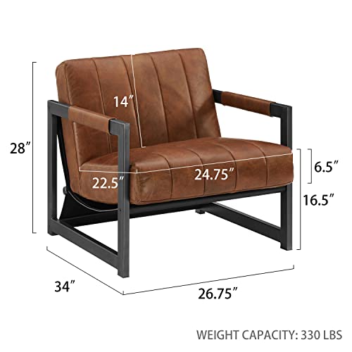 Art Leon Genuine Leather Accent Chairs, Set Of 2, Mid Century Modern Arm Chair With Black Metal Frame, Sofa Chairs For Living Room Bedroom, Cognac #TOP1