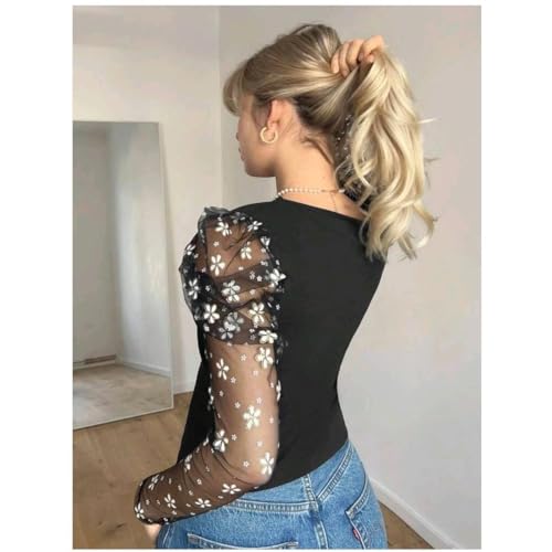 BLUSINHA COM MANGA BUFANTE ESTAMPA FLORZINHA PRETO