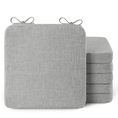 Image of AddGrace Square Chair Cushions for Dining Chairs 6 Pack 16x16x2inch L Grey | Non Slip, Removable Cover with Ties, Textured Fabric, for Kitchen Dining Room Indoor, Hard Wooden Chairs, Family Gathering