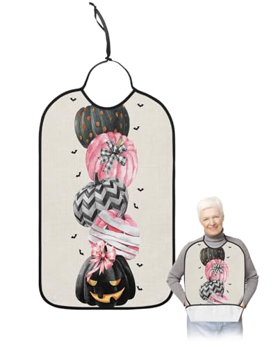 Halloween Pumpkin Adult Bib for Adults Men, Women, Washable & Adjustable Terry Cloth Bib with Crumb Catcher Reusable Waterproof Clothing Clothes Protector Apron Horror Watercolor Spooky Dots