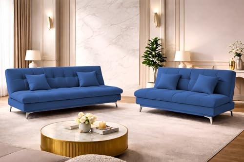 Image of Krancy Solid Wood 3 + 2 Seater Sofa Cum Bed with 2 Cushions | Convertible Wooden Couch for Living Room, Home & Office | Modern Designer Furniture | 3 Years Warranty | Blue
