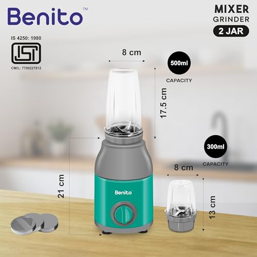 Image of Benito PRESSIO Nutri Mixer Grinder 550 watt with 2 Jars | Durable Shockproof ABS Body | Powerful Motor with Advanced Grinding Technology | Elegant Green & Gray Finish come with 1-Year Warranty