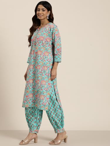 Shiv Textiles Cotton Printed Kurta Set For Women.(Kp-212-Blue-L)