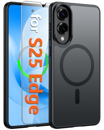 FNTCASE for Samsung Galaxy S25 Edge Case: Magnetic Matte Textured Military Grade Drop Protection Translucent Cell Phone Cover - Slim Rugged Durable Shockproof Protective Phonecase (Black-6.7 inch)
