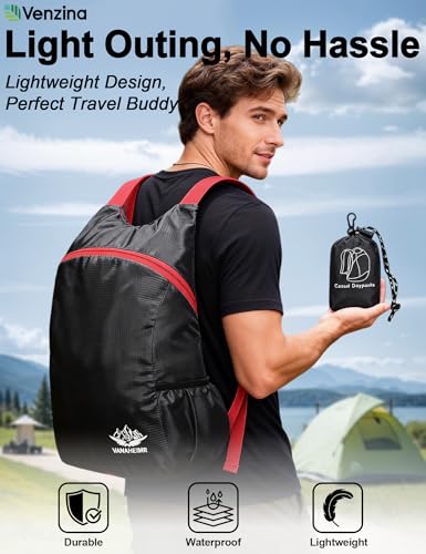 Image of Venzina Durable Waterproof Lightweight Packable Backpack, Foldable Travel Daypack for Hiking and Work, Unisex Men Women Compact Backpack for Outdoor, Gym, Shopping