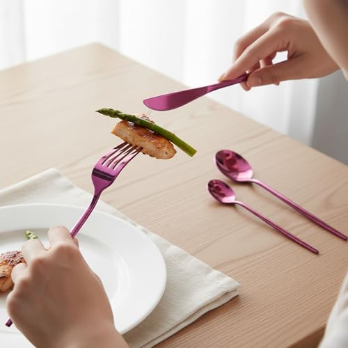 Image of Slim Handle Pink 15 Pcs Stainless Steel Cutlery Set for Dining Table, Dishwasher Safe Glossy Flatware (3 Spoon Set+3 Forks Set+3 Butter Knife+3 Dessert Spoon+ 3 Fruit Fork)