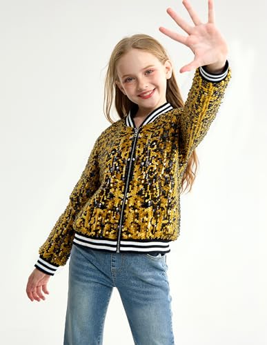 Image of LOLANTA Girls Sequin Jacket, Long Sleeve Kids Bomber Coats with Pockets, Spring Fall Outfits for 4-15 Years