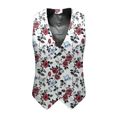 Mens Vintage Suit Vest V Neck 3 Button Heart Rose Printed Casual Waist-coat for Wedding Groomsmen Formal Vest2