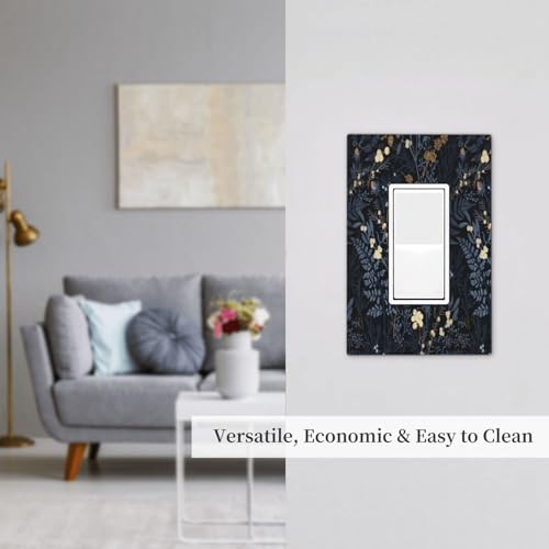 Decorative Outlet Covers Rustic Navy Dark Blue Leaves Golden Floral 1 Gang Rocker Light Switch Cover Plate Single Decora Light Switch Covers Wall Plate Faceplate for Bedroom Decor