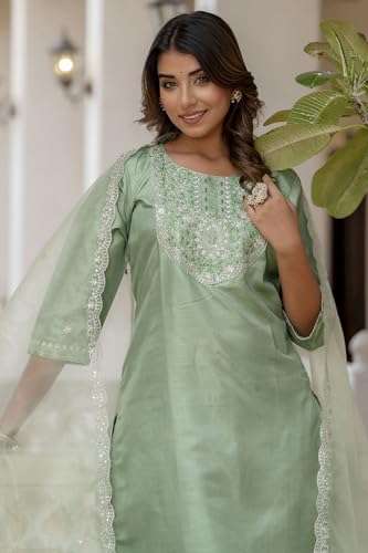 Image of VredeVogel Women's Silk Blend Embroidered Kurta with Pant & Dupatta Set