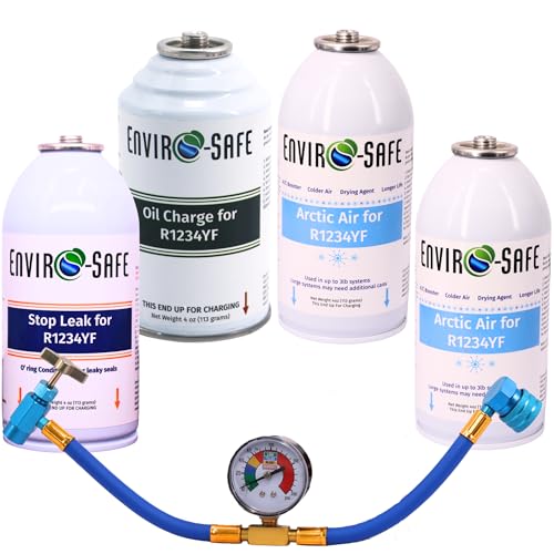ENVIRO-SAFE R1234YF Auto AC Recharge Kit with Arctic Air, Oil Charge, Stop Leak, Gauge, 4-Piece...