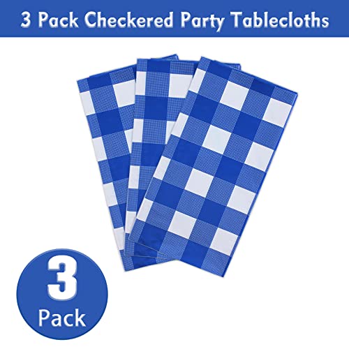 Image of Kesfey 3 Packs White and Blue Gingham Table Cloths 54 x 108 Inches Disposable Plastic Checkered Tablecloths Waterproof Rectangle Picnic Party Tablecovers for Birthday Party Dining Table Kitchens