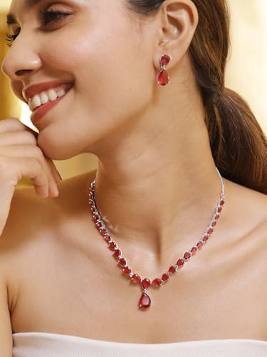 Image of Rubans Necklace Set Rhodium Plated Crystal Studded Jewellery Gift for Women & Girls