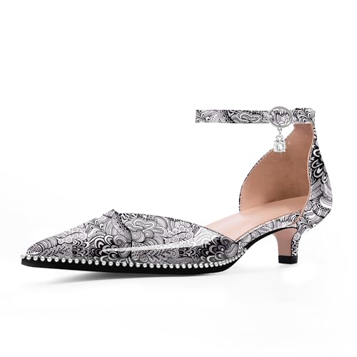 Women's Low Kitten Heel Pointed Toe Pumps Ankle Strap Patent Leather Prom Wedding Dress Shoes