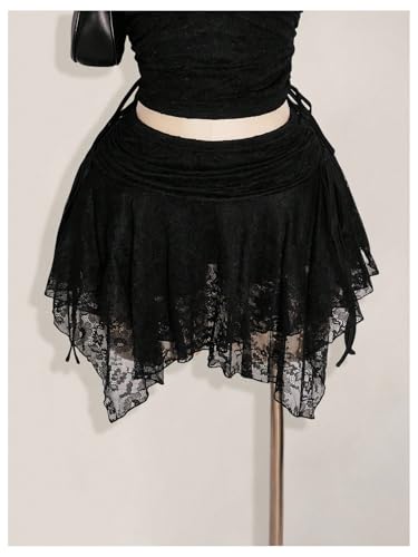 Verdusa Women's Plus Size Y2K Floral Lace Layered Ruffle Skirt Ruched Drawstring Party Club Mini Skirts4