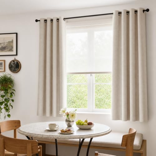 Image of 100% Blackout Short Small Linen Curtains 54 Inch Long, Oatmeal | 100% Blackout Shield, Light Blocking, Thermal Insulated, Grommet Top, Window Curtains, Linen Textured, 46 inchx54 inch, 2 Panels Set