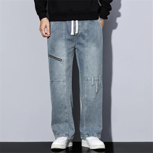 Men's Fake Zipper Design Jeans, Drawstring Mid-Waist Casual Loose Wide-Leg Pants2