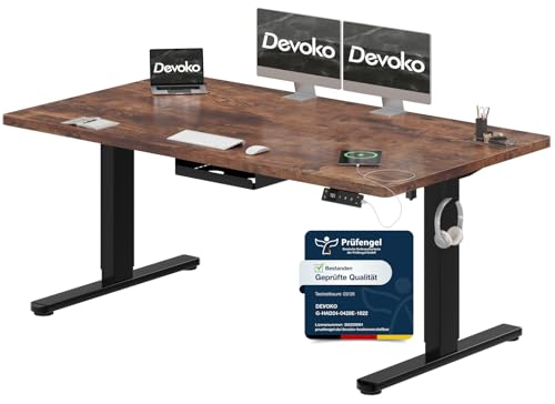 Devoko Höhenverstellbarer Schreibtisch 160x80cm mit Typ-C Ladeanschluss, Schreibtisch Höhenverstellbar Elektrisch, Mobiler Elektrisch Computertisch mit Kabel Management Tray, Vintage-Braun