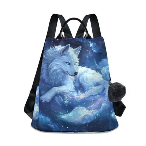 Mochila azul Galaxy Wolf para mujer antirrobo tipo bolsa de viaje con pompón