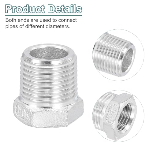 Image of uxcell 2Pcs 3 /8 inch Male to 1 /4 inch Female NPT 304 Stainless Steel Reducer Hex Bushing, Reducing Cast Pipe Adapter Fitting for industrial, oil /gas, water, HVAC, and plumbing systems