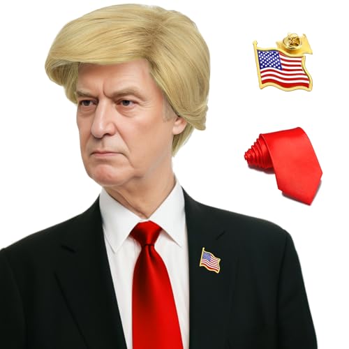 Bettecos Mens Blonde Billionaire Wig for Presidential Costume - Funny Celebrity Wigs with Red Tie and Flag Pin for Halloween Party (Adult)