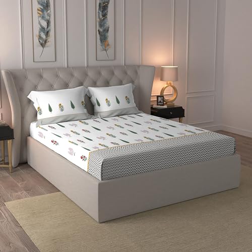 Image of Trident King Size Bedsheet Cotton | Road To Jaipur Collection | 100% Cotton Bedsheet For Double Bed Cotton 1 King Size Bedsheet With 2 Pillow Covers Super Soft 210 Thread Count-Innayat Green, 210 tc