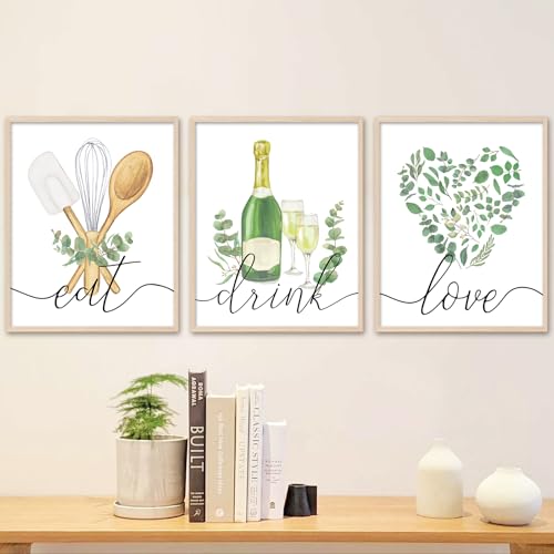 JarThenaAMCS 3Pcs Boho Kitchen Wall Art Prints Farmhouse Greenery Eat Love Sign Art Poster Rustic Sage Green Plants Wall Decor for Home Kitchen Dining Room (UNFRAMED 8 x 10 Inch)