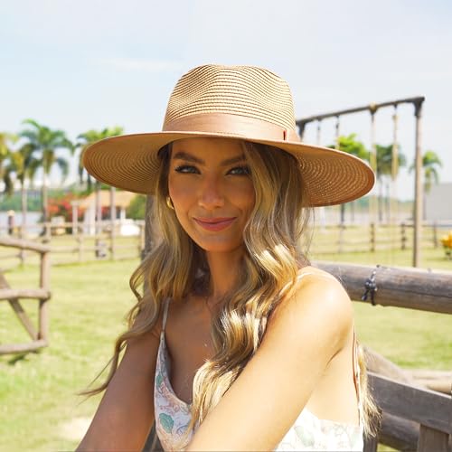 Image of FLUFFY SENSE. Unisex Wide Brim Sun Hat Straw Panama Rancher Fedora Hat for Men Beach Hat for Women