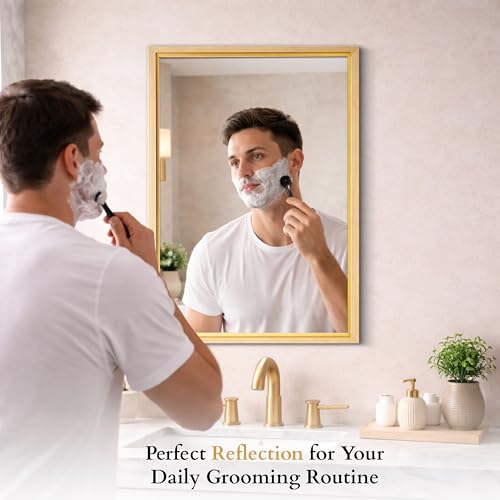 Image of Rousrie Premium Framed Glass Wall Mount Mirror, Decorative, for Bathroom, Bedroom, Living Room, Dressing Room, Wash Basin and Entryway (18 by 24 Inch) (Light Brown)