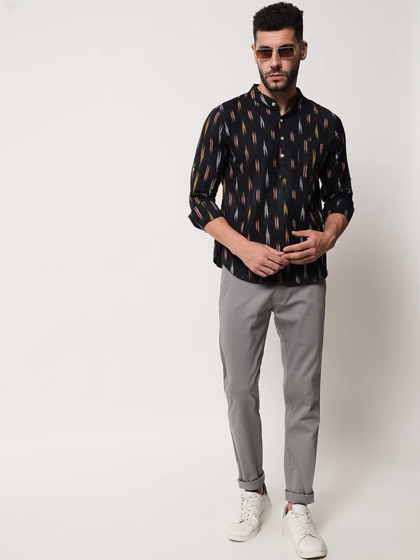 Image of Vastraa Fusion Men's Handloom Weaving Pure Cotton Short Kurta, Round Collar, Full Sleeves,Button Kurta, Ethnic Wear