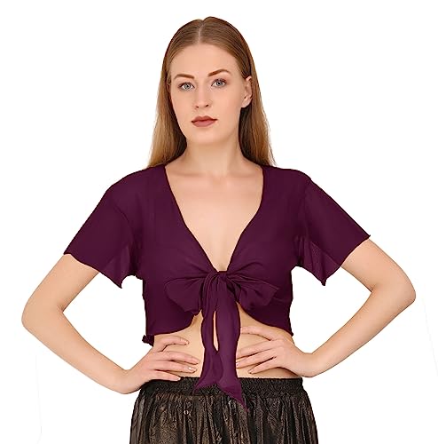 Image of Indian Trendy Women's Chiffon Short Sleeve Tie Top Choli Blouse Belly Dance Gypsy Tie Front Cardigan Tops