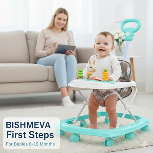 Image of Baby Walker for 6-18 Months with Musical Toys & Push Handle | Adjustable Height Baby Activity Walker, 360 Rotating Wheels, Soft Seat (Rabbit Aqua)