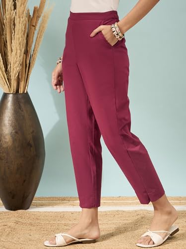 Image of D K W Women's Mid Rise Relaxed Fit Cotton Flex Trousers with Elastic Back & Drawstring - Ideal for Winter, Formal, Office & Casual Wear, Comfortable for Girls and Women