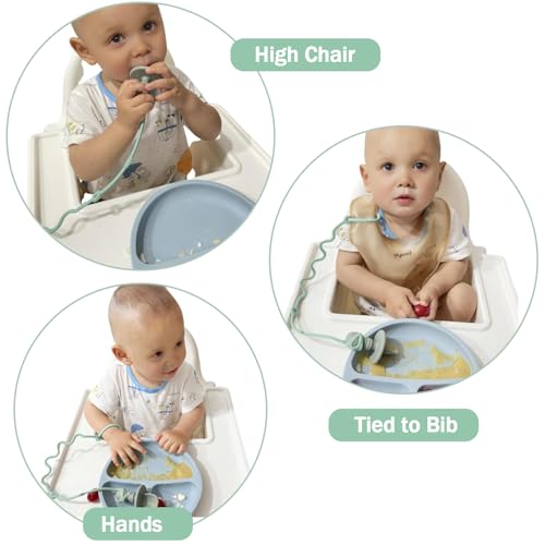 Image of Toy Straps for Baby, 5 Pack Spoon Toy Bottle Bungees with Toddler Utensil, Silicone Pacifier Clips Harness Straps for High Chair, Strollers, Shopping Trolley,Cars,Hanging Baskets,Cribs,Bags-All Green