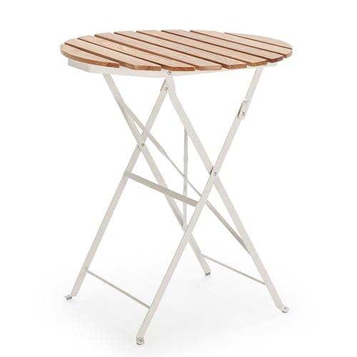 HOMN LIVING Mesa de Jardín Plegable Ambar Redonda de Madera y Metal Blanco, 60 cm diámetro