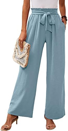 Heymoments Women's Wide Leg Lounge Pants with Pockets Blue Gray Large Lightweight High Waisted Adjustable Tie Knot Loose Comfy Casual Trousers