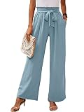 Heymoments Women's Wide Leg Lounge Pants with Pockets Blue Gray Medium Lightweight High Waisted Adju