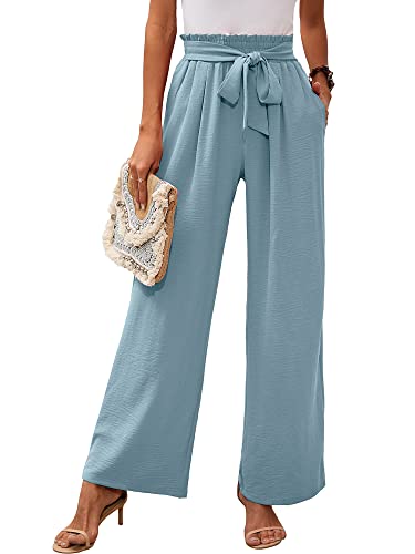 Heymoments Women's Wide Leg Lounge Pants With Pockets Blue Gray Large Lightweight High Waisted Adjustable Tie Knot Loose Comfy Casual Trousers #TOP2