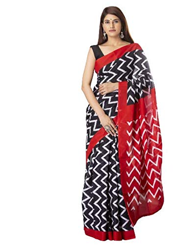 JALTHER Handicrafts Women's Ikat Hand Block Print Jaipuri Cotton Mulmul Saree Zari Border with Blouse Piece