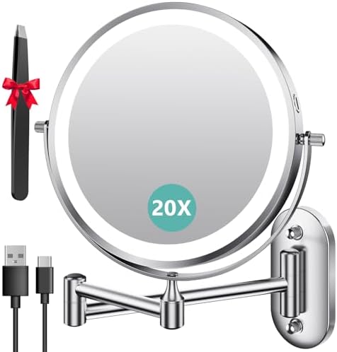 Auxmir Kosmetikspiegel mit Beleuchtung, 1X 20X Rasierspiegel Wandmontage | 3200mAh Akku, Ausziehbarer Schwenkarm, 3 Lichtfarben, Stufenlos Dimmbar und 360° Drehbar für Badezimmer u