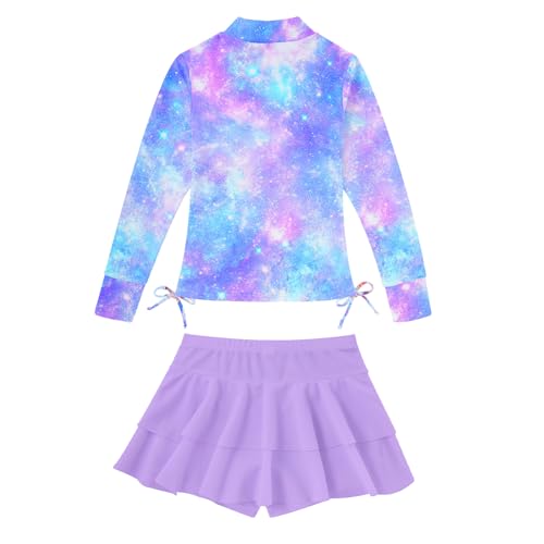 Image of Vogseek 3-12T Girls Rash Guard 2 Pieces Bathing Suit Long Sleeve Swimsuit Swimming Skirt with Shorts Swimwear