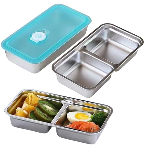 MACULPER 2 Stück Snackbox mit Fächern Edelstahl Brotdose Kinder Edelstahl Snackbox mit 2 Fächern Wiederverwendbare Jausenbox Kinder mit Deckel,Snacks, Dips, zum Mitnehmen und Camping