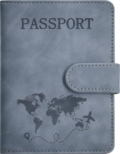 Passport Holder, Passport Cover with Credit Card Slot and Boarding Pass Slot Combo, Passport Wallet Case Book Travel Must Have, RFID Blocking Leather Travel Accessories, Navy Grey