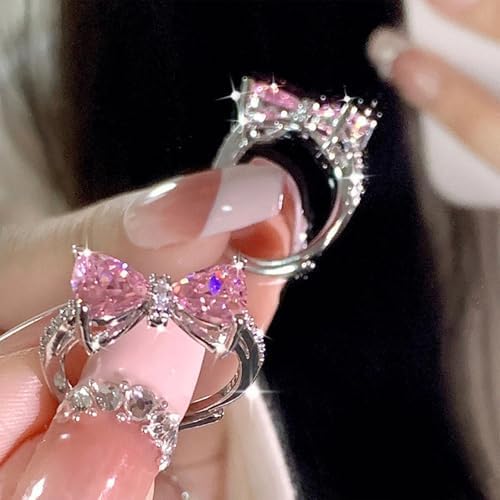 Pink Bow Ring Crystal Bowknot Ring for Women S925 Sterling Silver Cubic Zirconia Forever Love Knot Promise Ring CZ Eternity Wedding Stacking Bands Birthday Jewelry Gifts for Mom Daughter Wedding Valentine's Day Jewelry Size 6-8 - Image 4