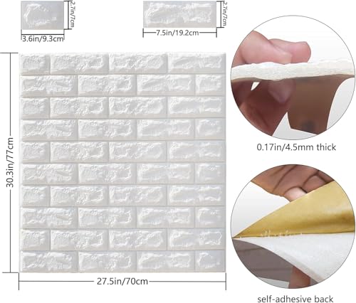 Image of Brick Wallpaper PE Foam self Adhesive Brick Design Wall Stickers /DIY Wallpaper for Home Hotel Living Room Bedroom Cafe Deco (70 x 77 cm) (White)