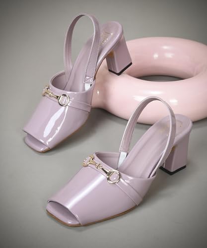Image of JM LOOKS Sophisticated Patent Finish Block Heel Sandals with Elegant Metallic Horsebit Detail and Secure Slingback Strap