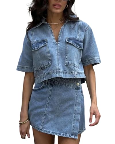 Tenue d'été 2 pièces en jean pour femme avec haut manches courtes et mini short asymétrique